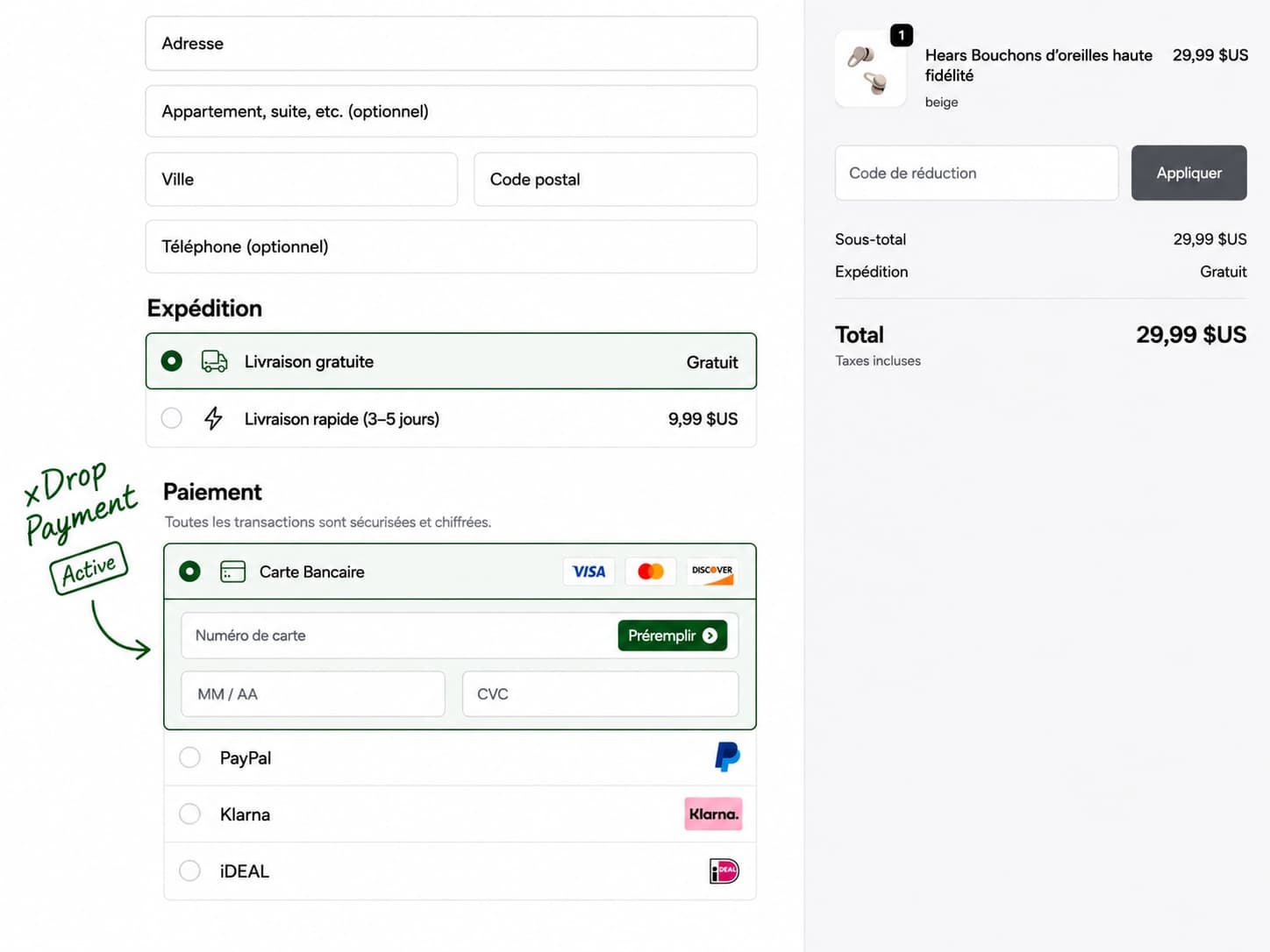 xPage Drop checkout showing address, shipping, card, PayPal, Klarna, iDEAL, product summary, and xDrop Payment active annotation